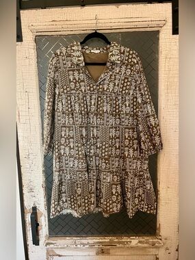 Chic Soul Brown and White Printed Long-Sleeve Tunic Dress